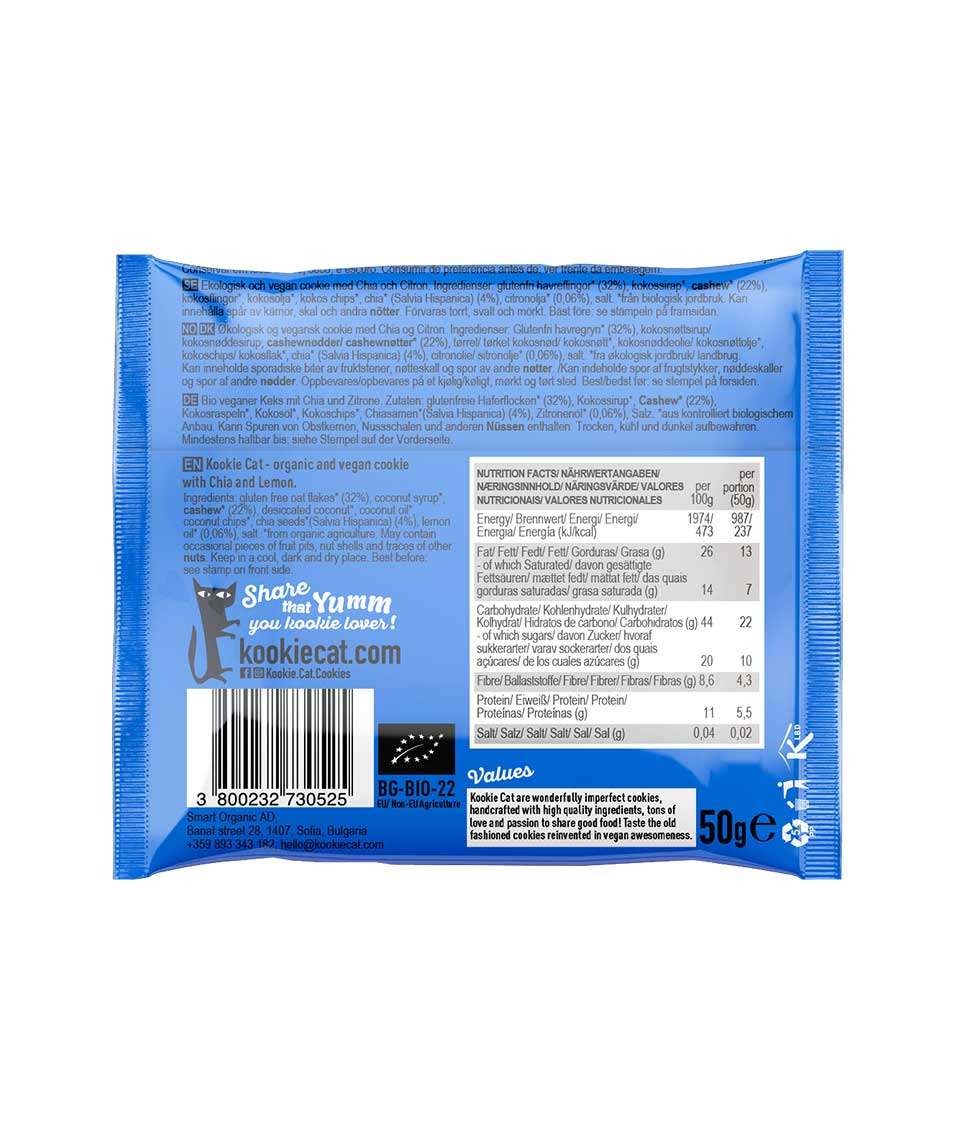 Kookie Cat Chia & Lemon Cookie – Vegan & Glutenfri, 50 g fra Lev Logisk