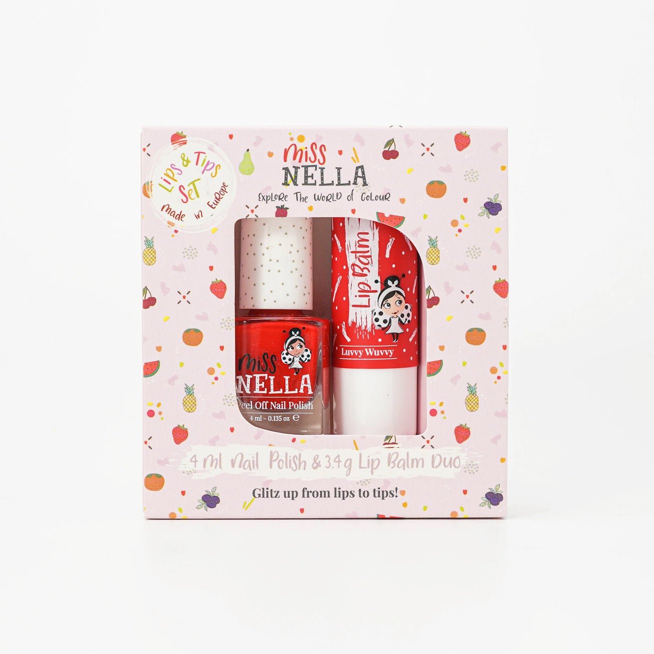 Miss Nella duo neglelakk+ leppebalm (Cherry Macaroon + Luvvy Wuvvy) fra Lev Logisk