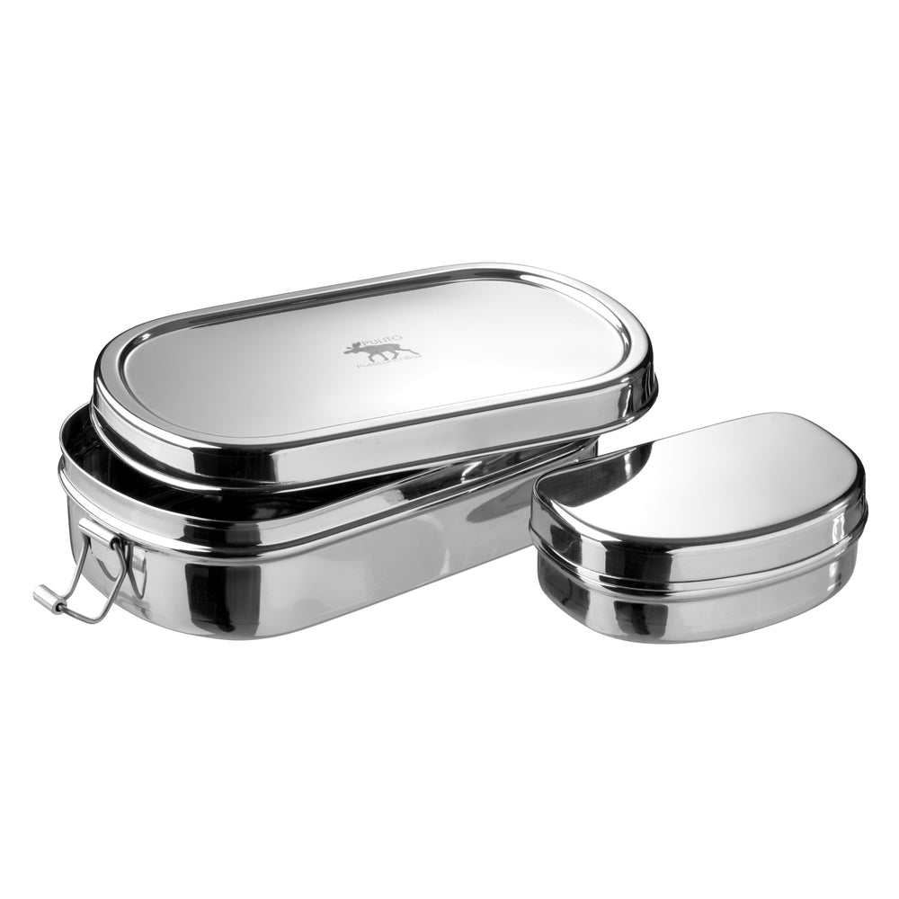 Pulito oval matboks og snacksboks i rustfritt stål fra Lev Logisk