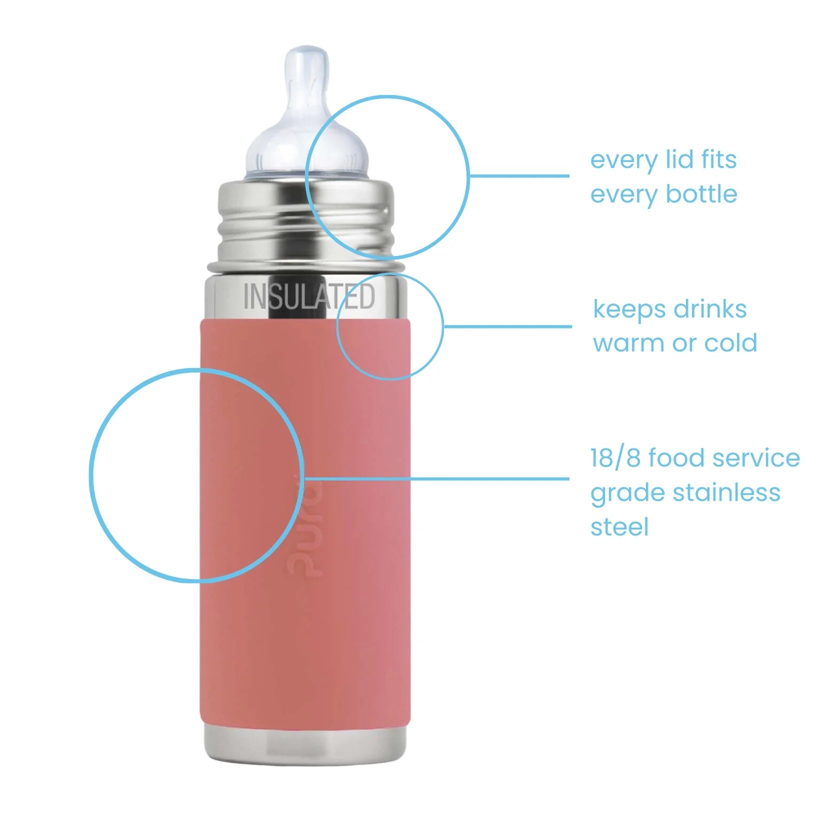 Pura Kiki ISOLERT tåteflaske 260 ml - Rose - Lev Logisk