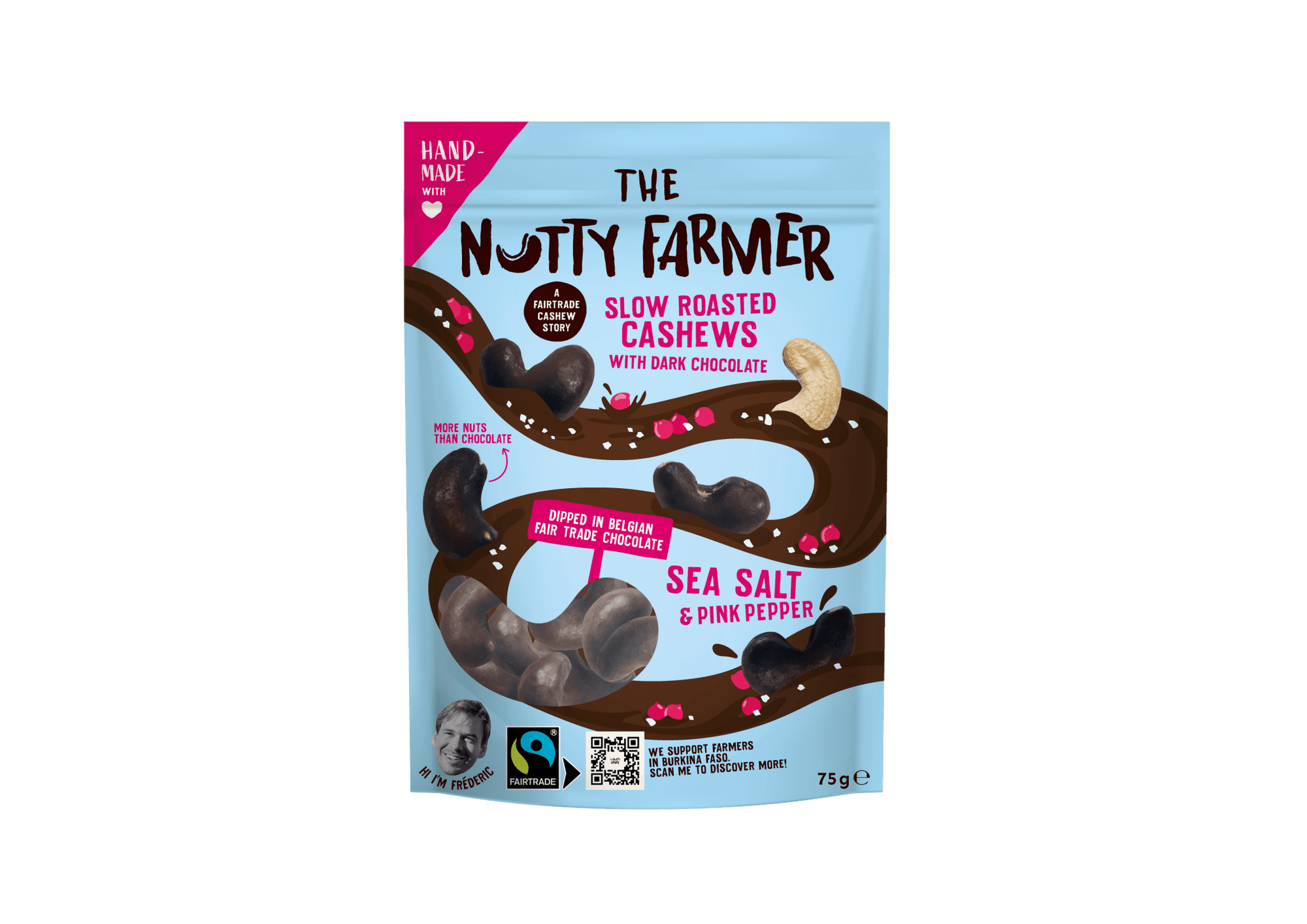 Sakte ristede cashewnøtter m/mørk sjokolade havsalt og rosa pepper - Lev Logisk