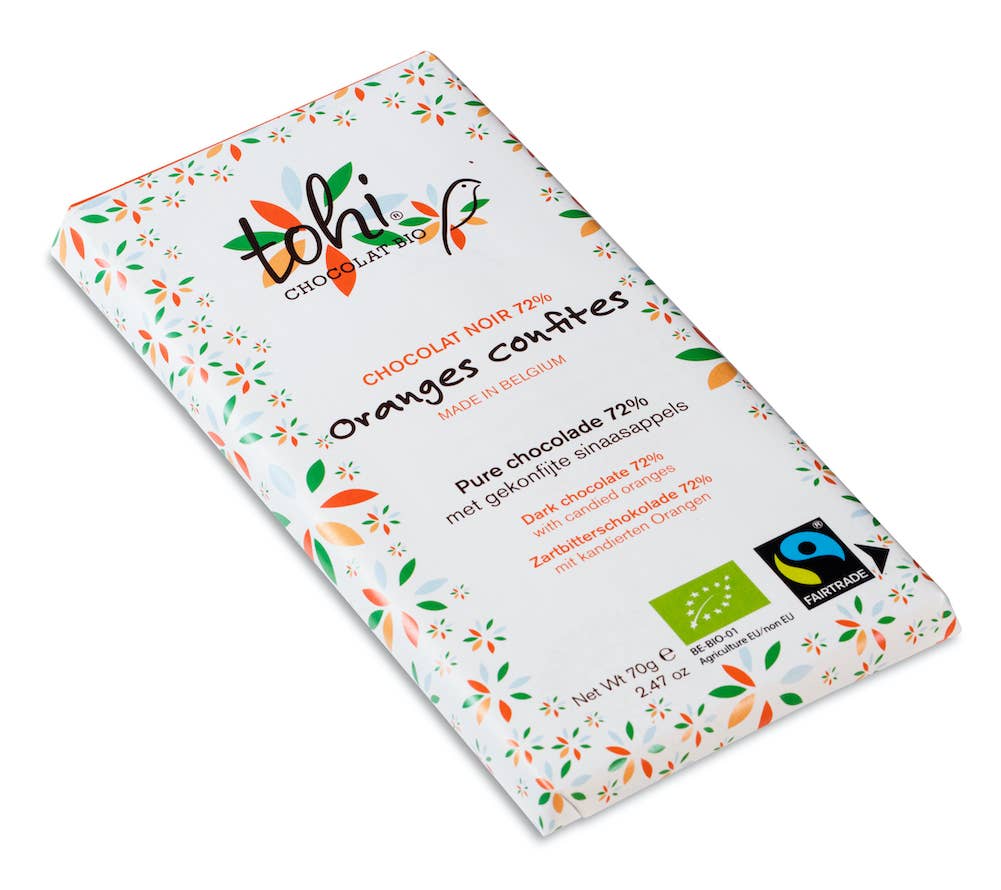 Tohi økologisk mørk sjokolade 72% kandiserte appelsiner - Lev Logisk