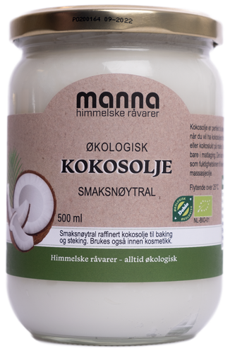 Manna økologisk kokosolje smaksnøytral -500 ml - Lev Logisk
